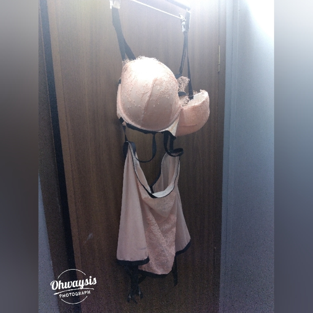 Victoria’s Secret Lace Bustier Garter Lingerie Set Blush Pink Black Trim Sexy